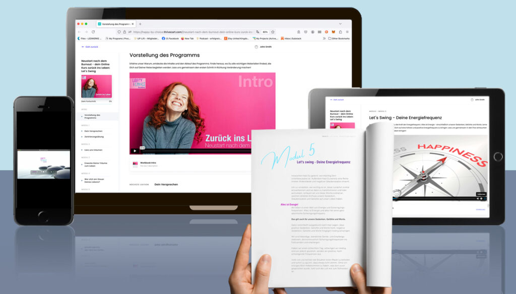 Digitaler Selbsthilfe-Kurs nach Burnout – Happy-By-Choice Academy auf Laptop, Tablet und Smartphone